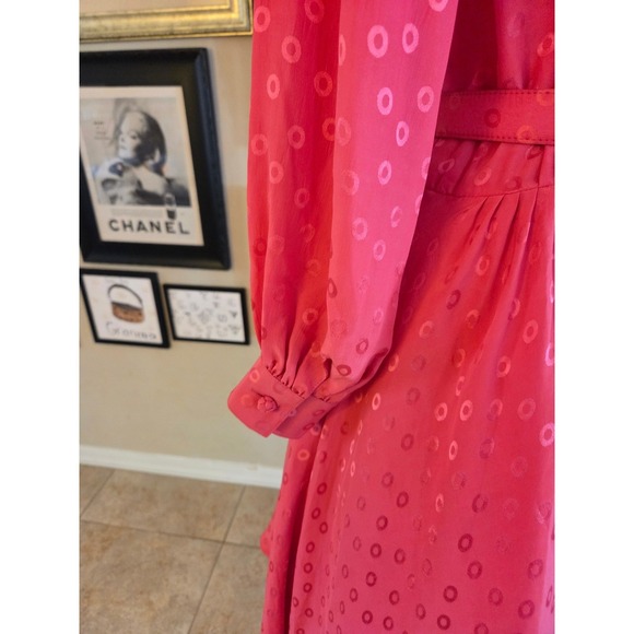 Vintage 60s Ciao Ltd Silk Dress Belted Midi‎ Fit Flare Pink Polka Dot Full Skirt - Picture 7 of 8